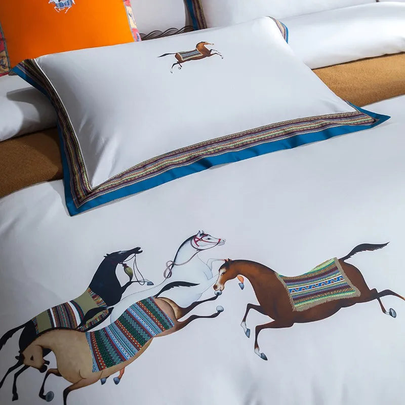 THL1162 Premium 1500TC Egyptian Cotton Bedding Set with Horse Print and Frame Patchwork Design