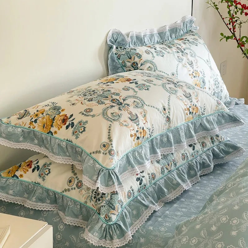 THL1074 Elegant Vintage Rose Floral Bedding Set 100% Cotton with Ruffle Detail