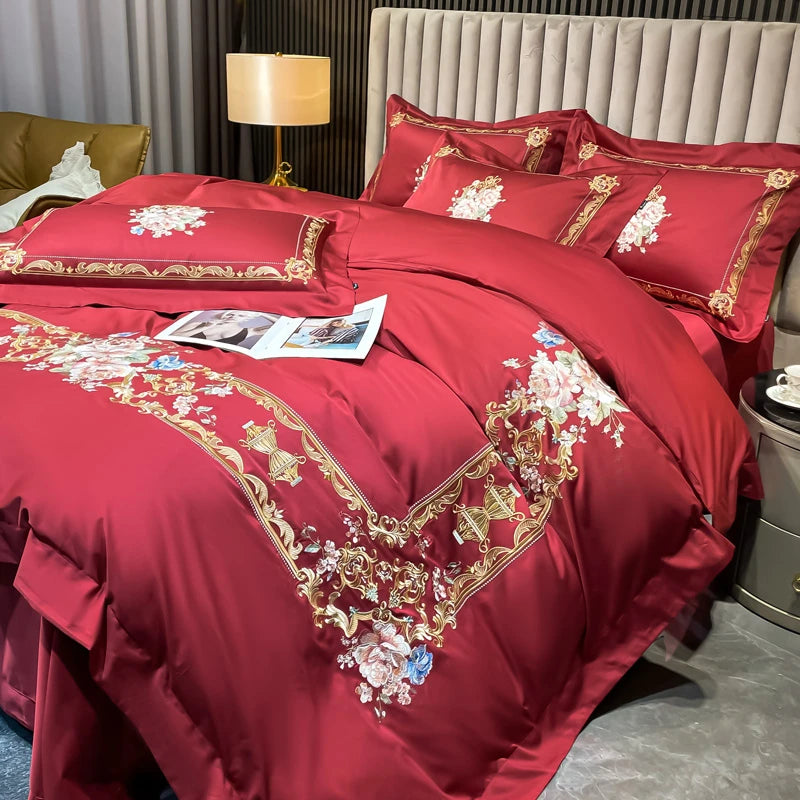 THL1169 Chic Embroidered Floral Frame Egyptian Cotton Luxury Bedding Duvet Cover Set