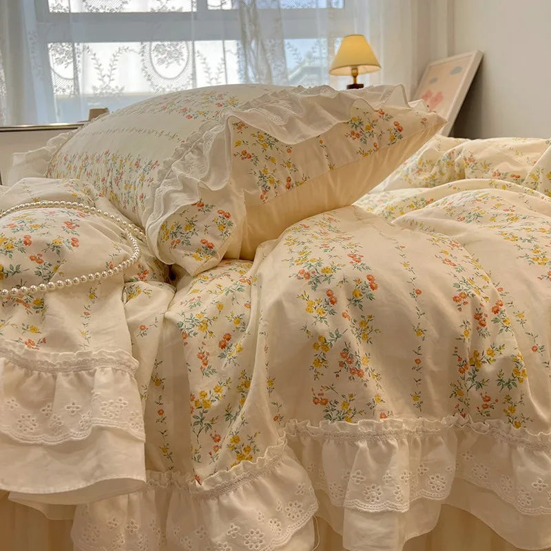 THL1086 100% Cotton Elegant Floral Duvet Cover Set White Lace Ruffle Bedding