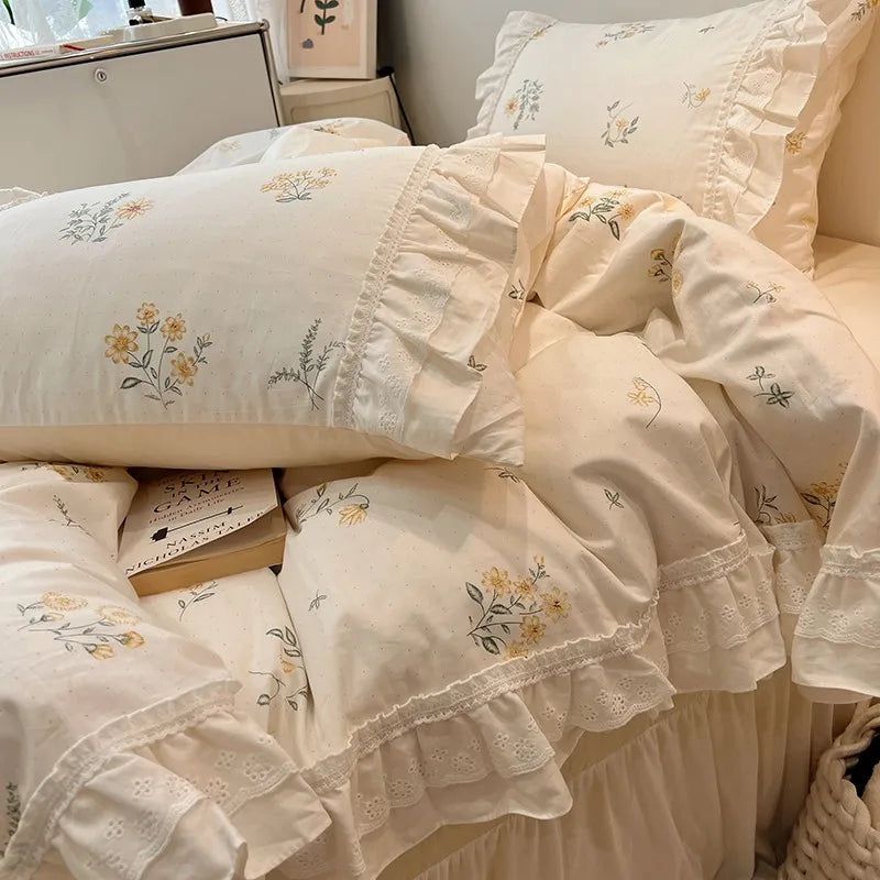 THL1086 100% Cotton Elegant Floral Duvet Cover Set White Lace Ruffle Bedding