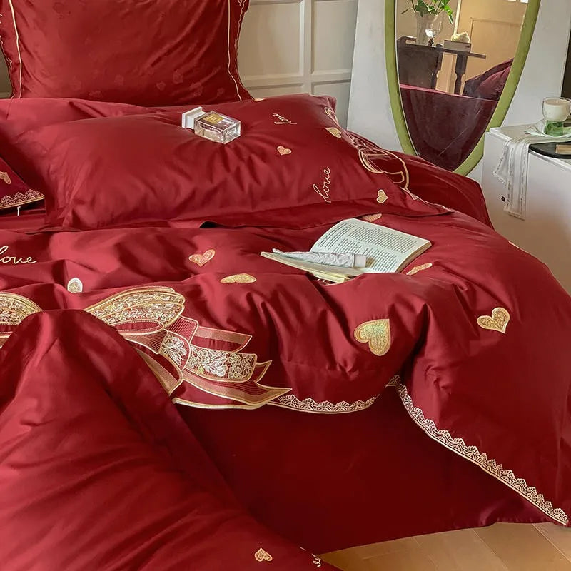 THL1164 Luxury Wine Red Duvet Cover Set in 1000TC Egyptian Cotton with Chic Embroidery Design