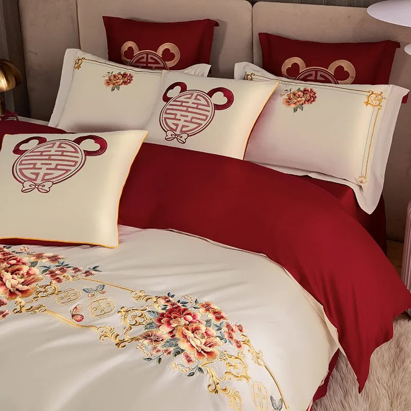 THL1109 Luxury Double Blossom Embroidery Wedding Red Bedding Set Egyptian Cotton