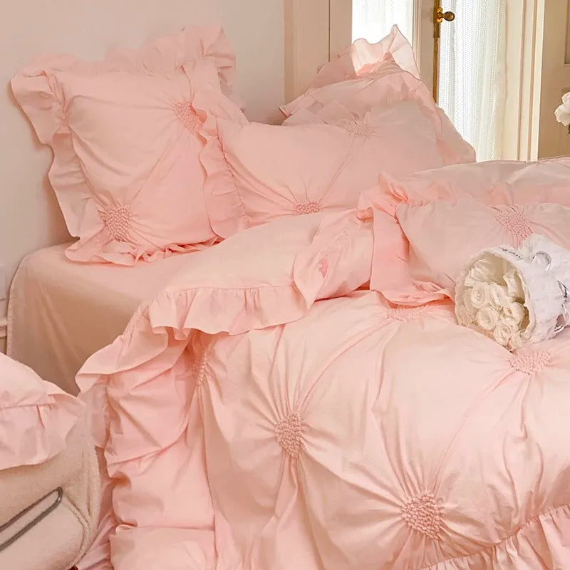 THL1112 Cotton Heart Pleated Pastel Color Luxury Bed Sheet