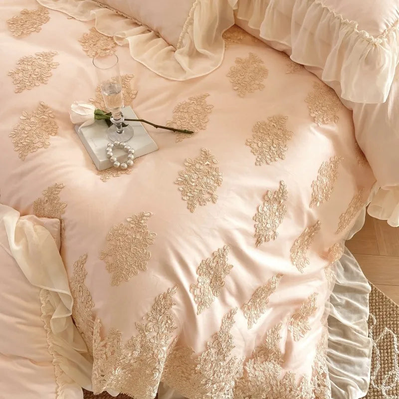 THL1066 Pink Egyptian Cotton Bedding Set with French Romantic Lace