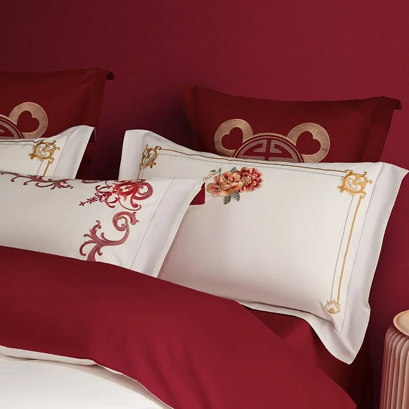 THL1109 Luxury Double Blossom Embroidery Wedding Red Bedding Set Egyptian Cotton