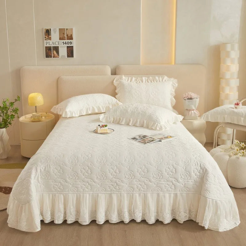 THL1078 Floral Embossed Lace Coverlet Bedspread Solid Bedding Set