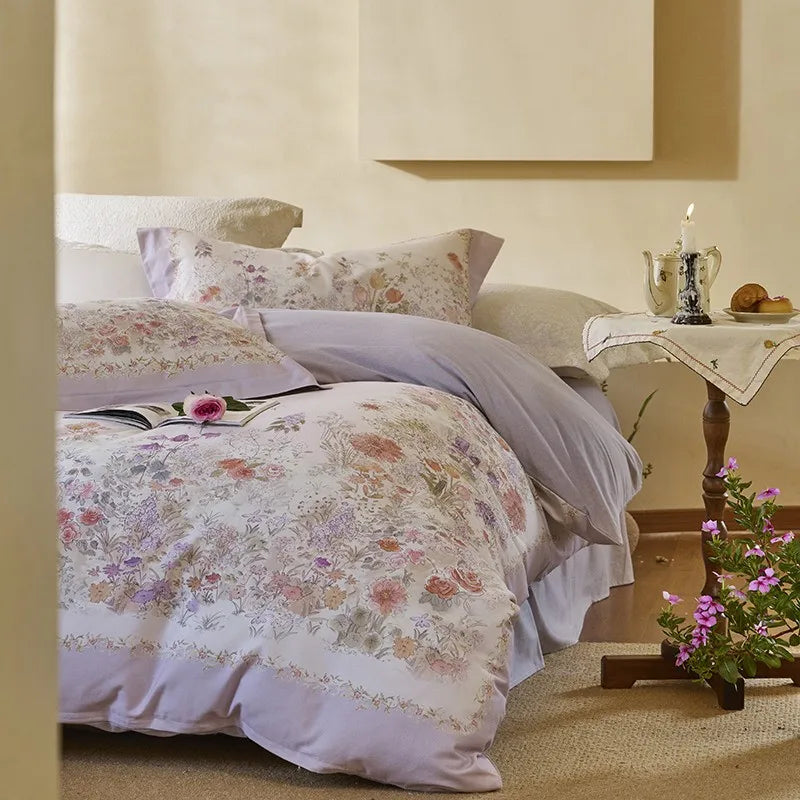 THL1172 100% soft cotton bedding set features a 600TC fabric construction with a chic and vibrant rose floral design.