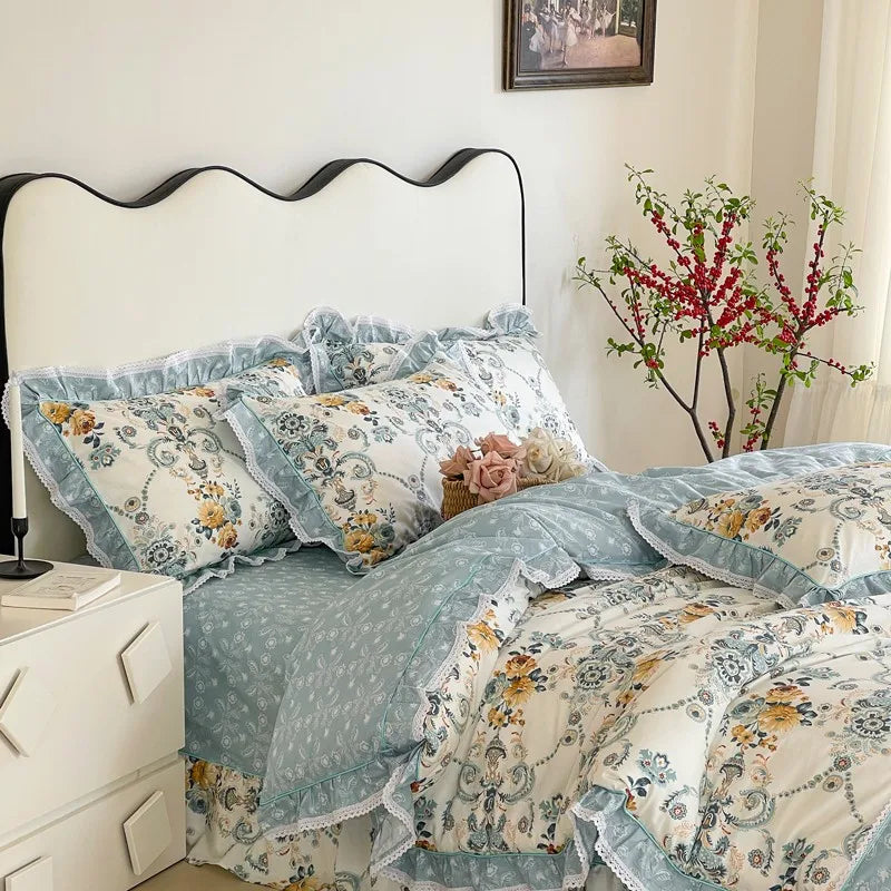 THL1074 Elegante juego de cama vintage con estampado floral de rosas, 100 % algodón y detalle de volantes