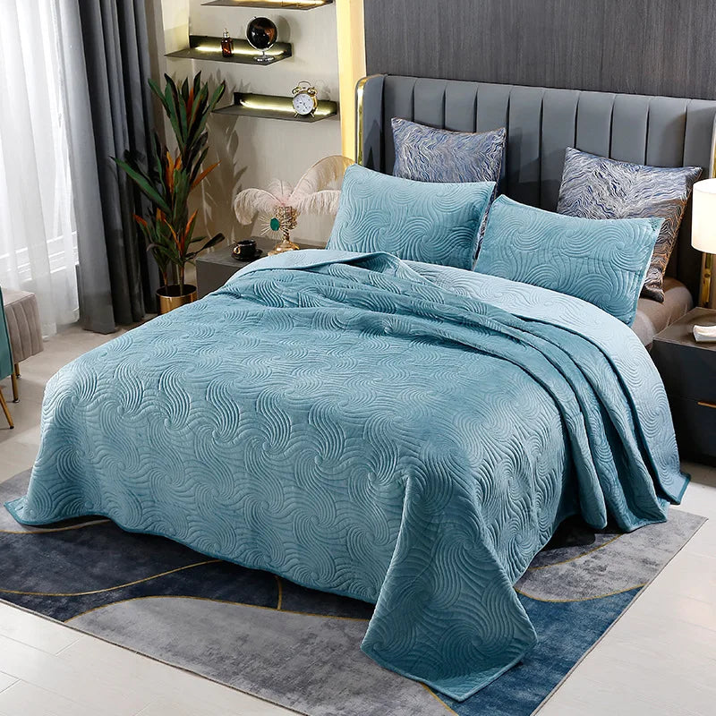 THL1106 Luxury Soft Warm Velvet Quilt Set King Size Velvet Quilted Bedspread