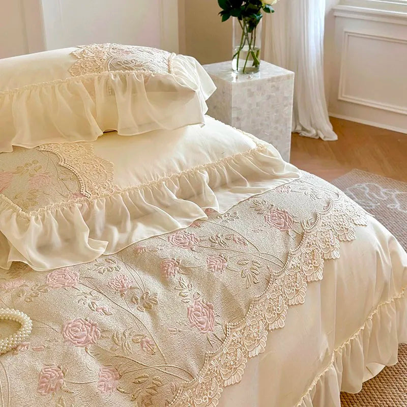 THL1064 Chic Stereoscopic Relief Rose Flowers Patchwork Bedding Set Egyptian Cotton with Chiffon Ruffles and Lace