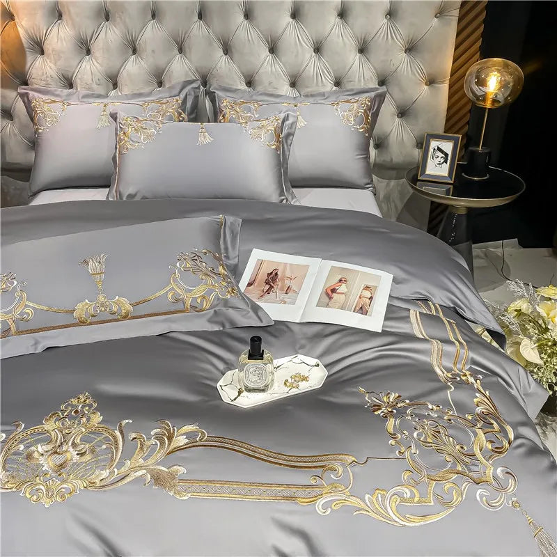 THL1160 Elegant 1000 Thread Count Egyptian Cotton Embroidered Luxury Bedding Set with Chic Duvet Cover and Bed Sheet