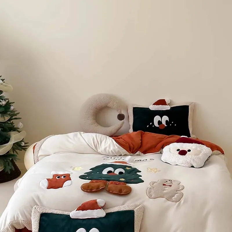 THL1158 3D Cartoon Christmas Tree & Cookie Appliques Velvet Bedding Set - Fluffy and Festive Comforter Cover Set