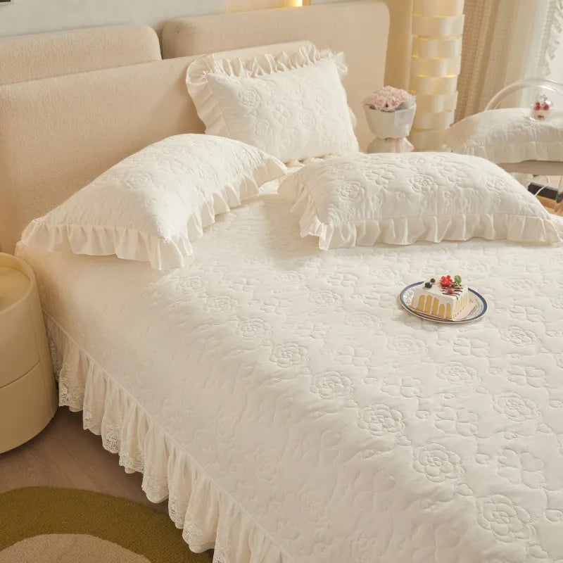 THL1078 Floral Embossed Lace Coverlet Bedspread Solid Bedding Set