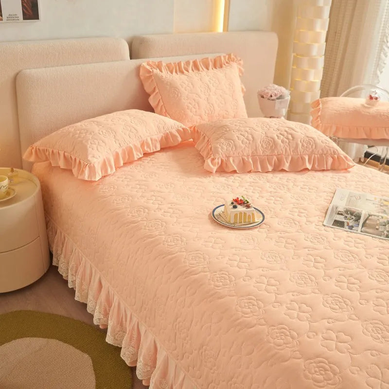 THL1078 Floral Embossed Lace Coverlet Bedspread Solid Bedding Set