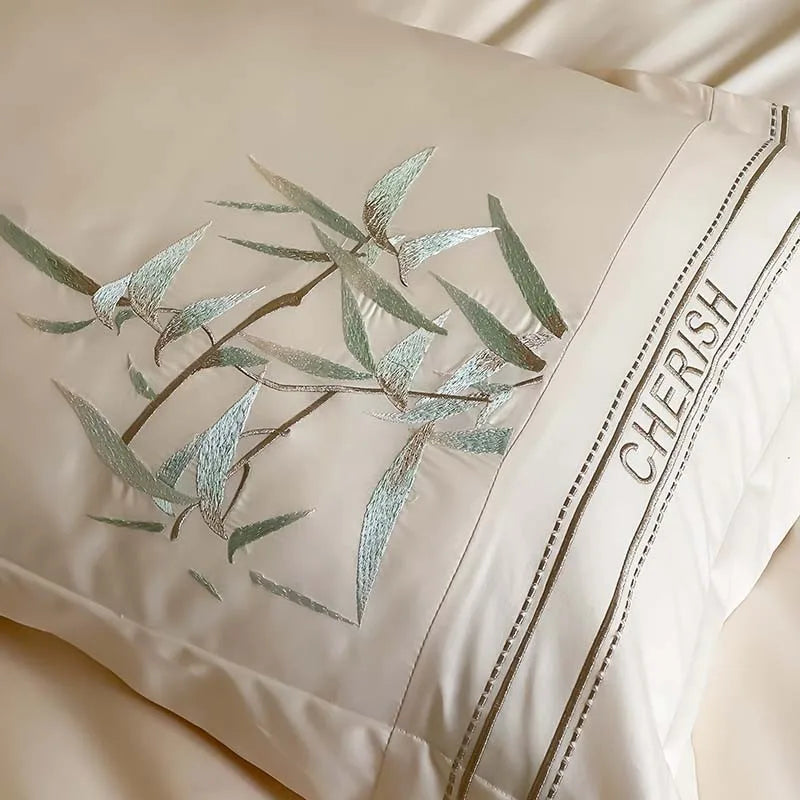 THL1161 Luxury 1000TC Egyptian Cotton Duvet Cover Set with Vintage Bamboo Leaves Embroidery Design