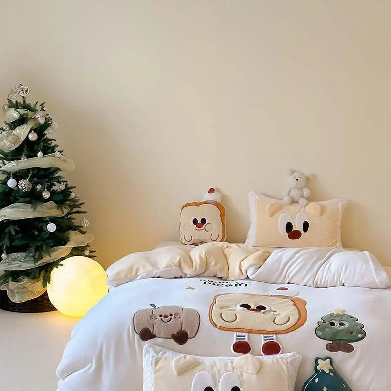 THL1158 3D Cartoon Christmas Tree & Cookie Appliques Velvet Bedding Set - Fluffy and Festive Comforter Cover Set