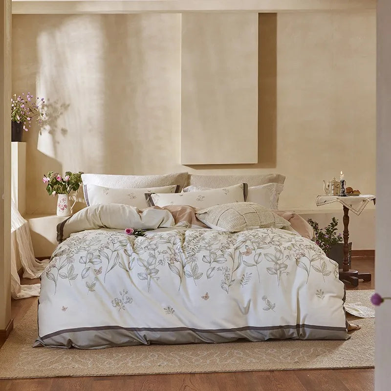 THL1172 100% soft cotton bedding set features a 600TC fabric construction with a chic and vibrant rose floral design.