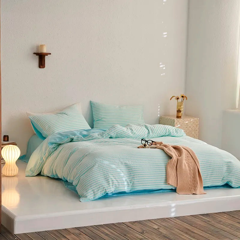 THL1126 Striped Bedding Set 100% Washed Cotton Soft and Breathable with Linen like Texture