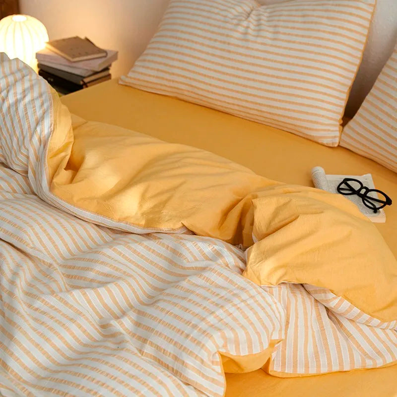 THL1126 Striped Bedding Set 100% Washed Cotton Soft and Breathable with Linen like Texture