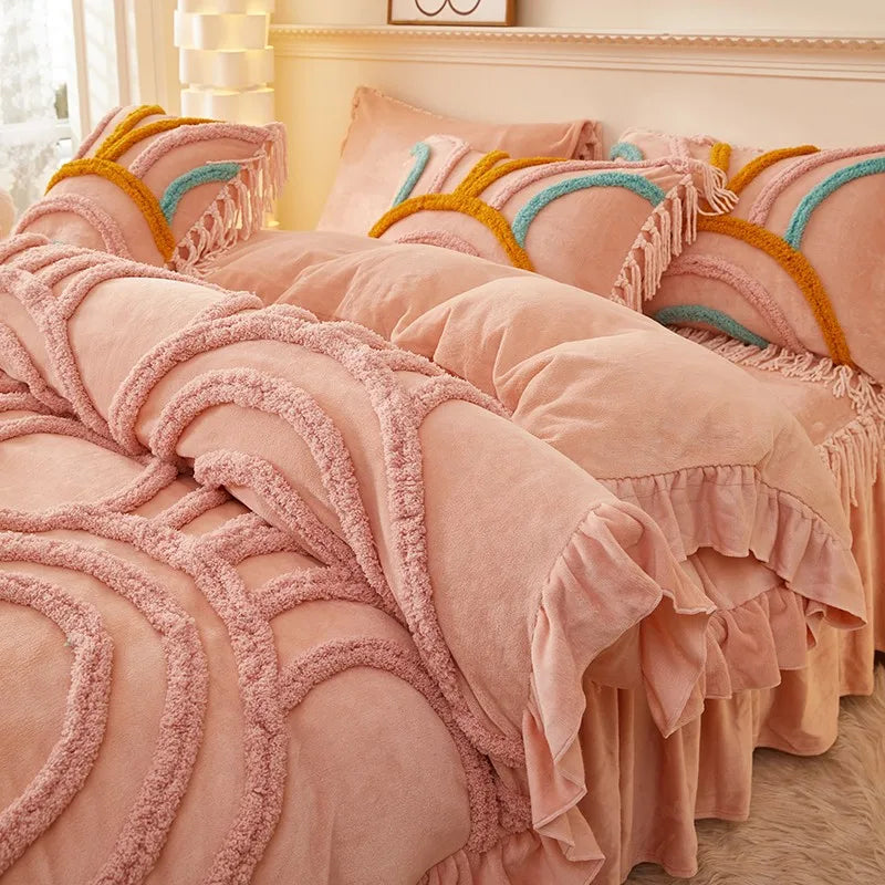 THL1034 Chic Tassels Bohemian Flannel Fleece Bedding Set