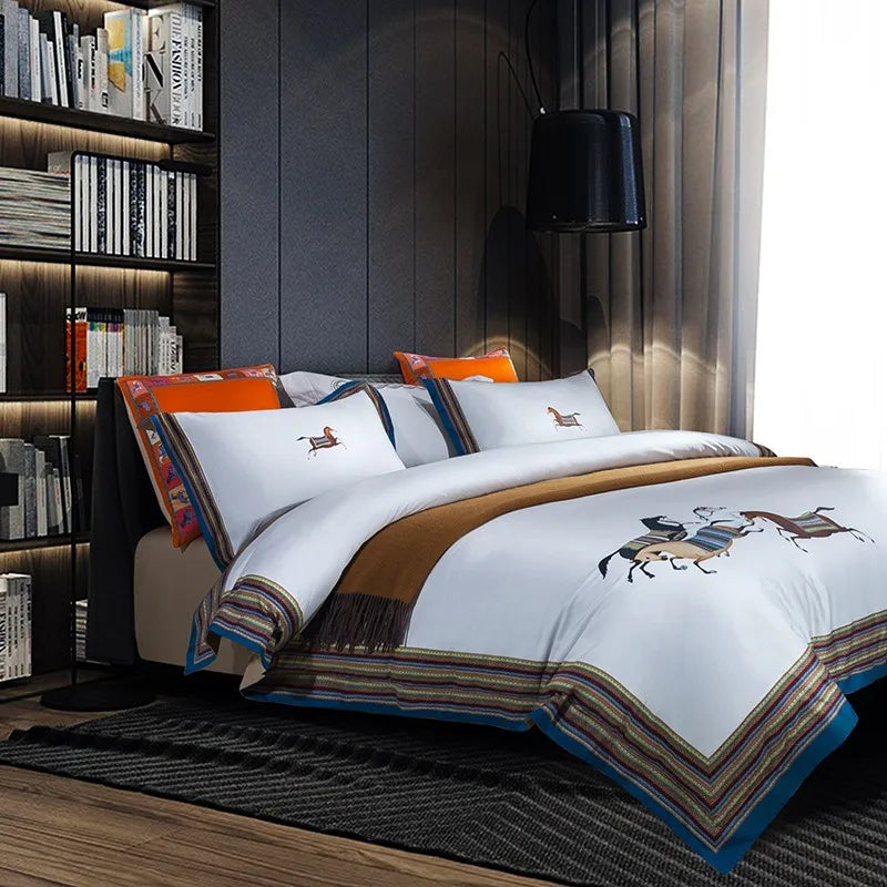 THL1162 Premium 1500TC Egyptian Cotton Bedding Set with Horse Print and Frame Patchwork Design