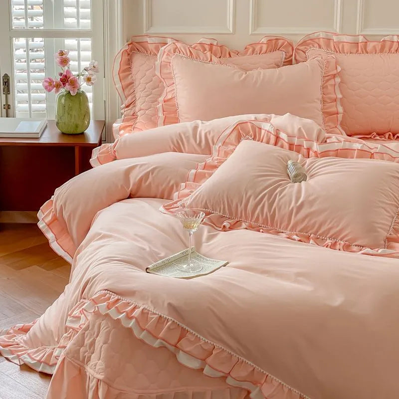 THL1123 Premium 100% Cotton Elegant Ruffled French Romantic Nature-Inspired Soft Bedding Set