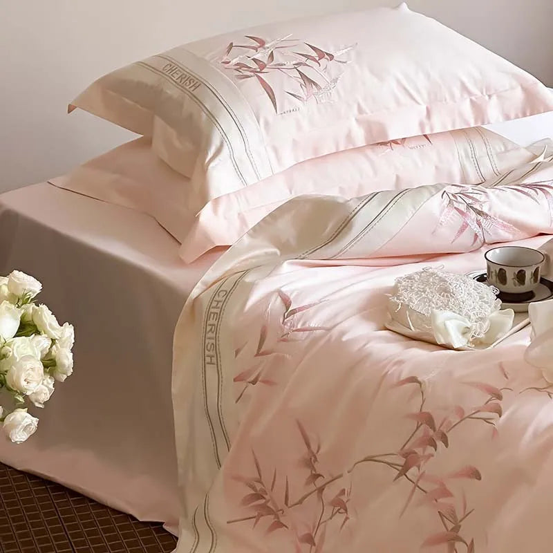 THL1161 Luxury 1000TC Egyptian Cotton Duvet Cover Set with Vintage Bamboo Leaves Embroidery Design