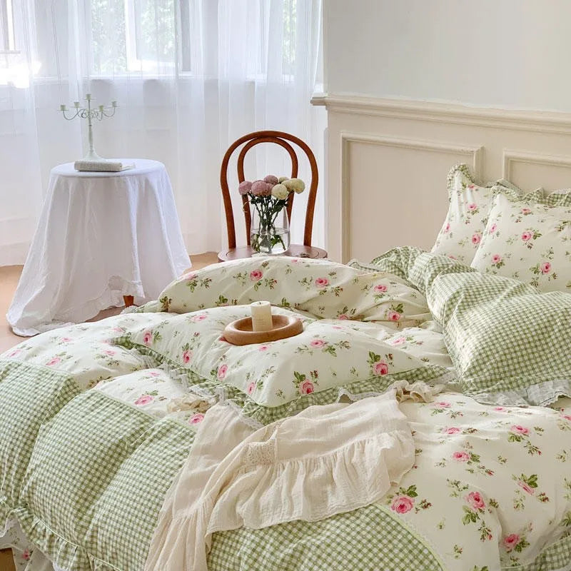 THL1116 Juego de cama de patchwork estilo campestre francés, elegante, suave y acogedor, 100 % algodón, con estampado floral primaveral