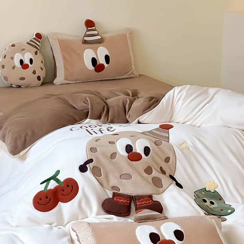 THL1158 3D Cartoon Christmas Tree & Cookie Appliques Velvet Bedding Set - Fluffy and Festive Comforter Cover Set