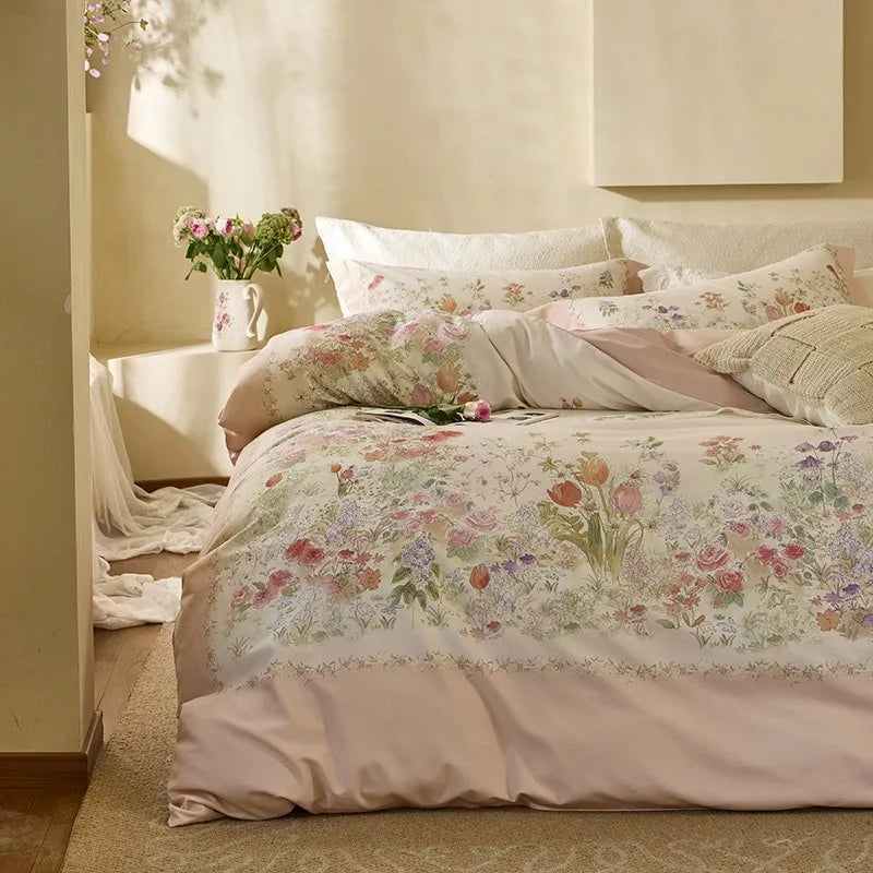 THL1172 100% soft cotton bedding set features a 600TC fabric construction with a chic and vibrant rose floral design.