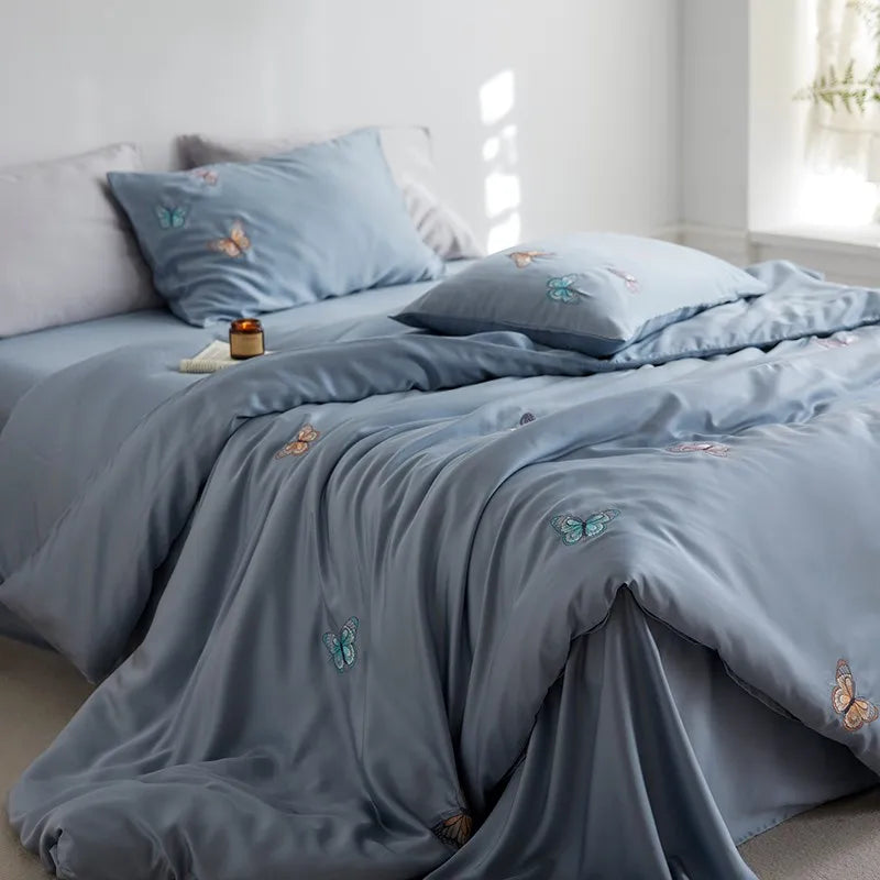 THL1149 Juego de cama suave y sedoso de lyocell con eucalipto y elegante funda nórdica con mariposas bordadas