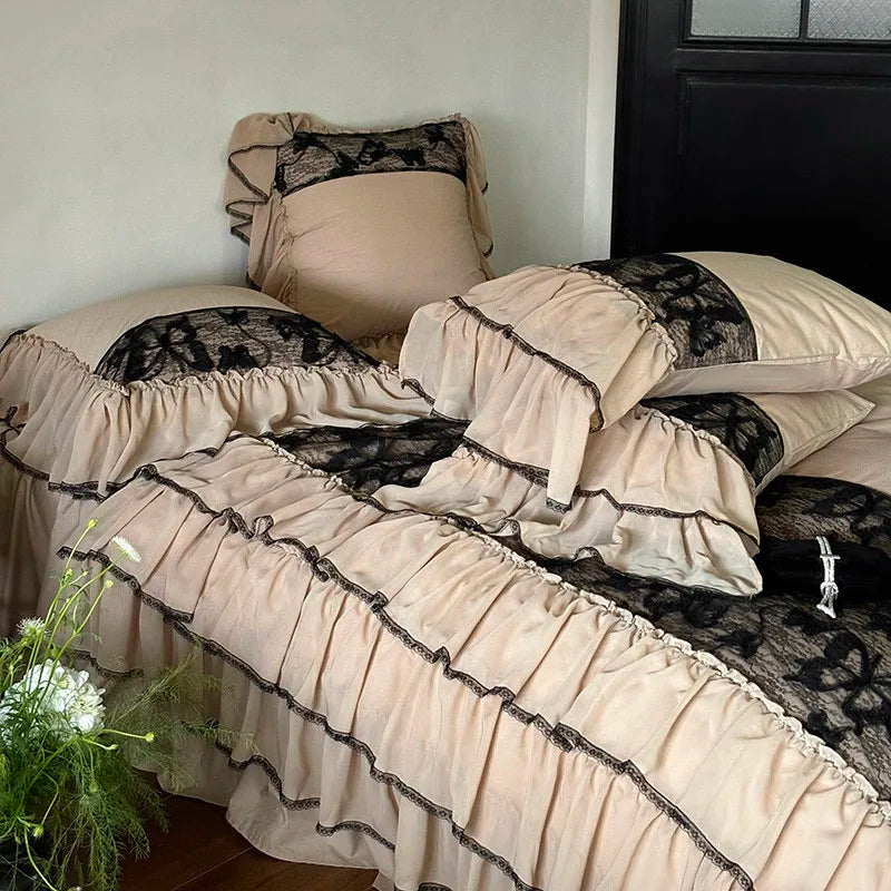 THL1148 Juego de cama elegante con volantes, 100 % algodón lavado, estilo francés, romántico, natural y suave