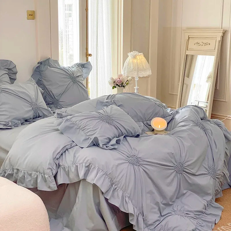 THL1112 Cotton Heart Pleated Pastel Color Luxury Bed Sheet