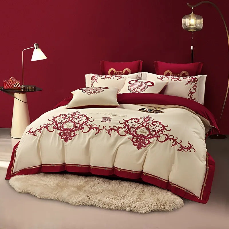 THL1109 Luxury Double Blossom Embroidery Wedding Red Bedding Set Egyptian Cotton