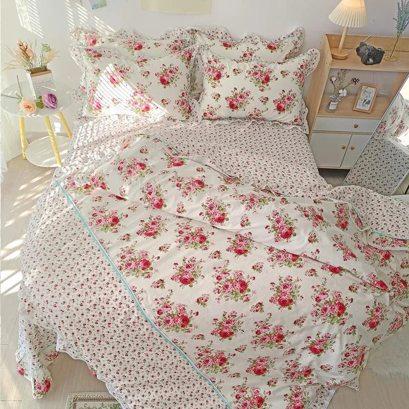 THL1116 Juego de cama de patchwork estilo campestre francés, elegante, suave y acogedor, 100 % algodón, con estampado floral primaveral