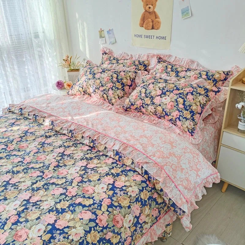 THL1116 100% Cotton, Soft and Cozy Blooming Spring Elegant Floral French Country Style Patchwork Bedding Set