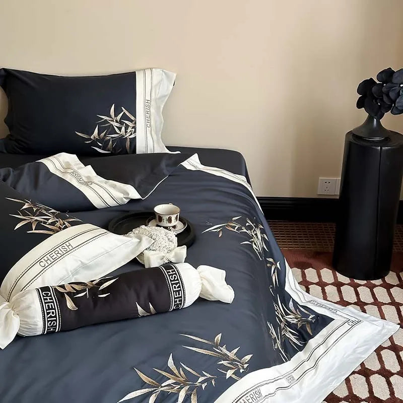 THL1161 Luxury 1000TC Egyptian Cotton Duvet Cover Set with Vintage Bamboo Leaves Embroidery Design