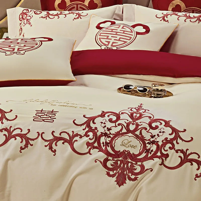 THL1109 Luxury Double Blossom Embroidery Wedding Red Bedding Set Egyptian Cotton