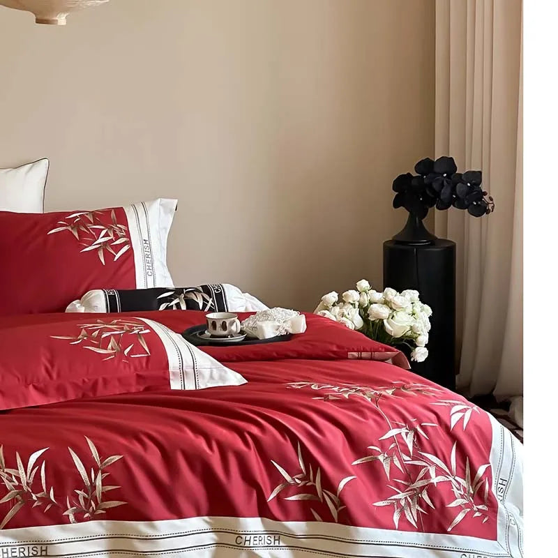 THL1161 Luxury 1000TC Egyptian Cotton Duvet Cover Set with Vintage Bamboo Leaves Embroidery Design