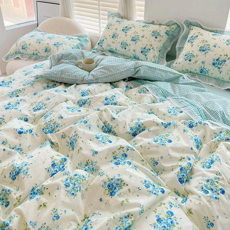 THL1116 Juego de cama de patchwork estilo campestre francés, elegante, suave y acogedor, 100 % algodón, con estampado floral primaveral