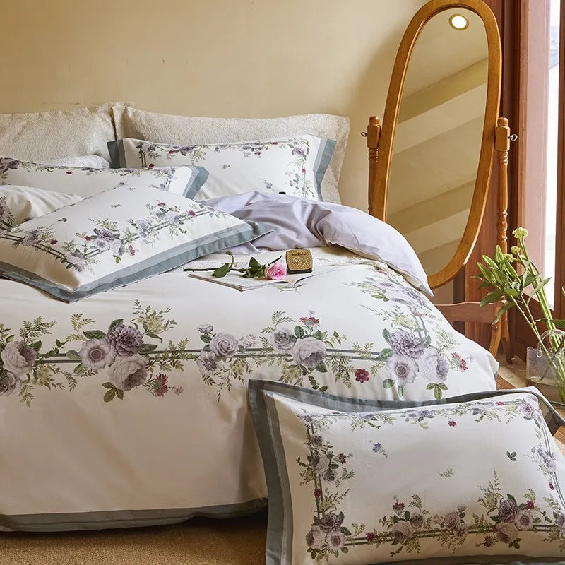 THL1172 100% soft cotton bedding set features a 600TC fabric construction with a chic and vibrant rose floral design.