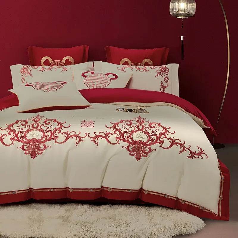 THL1109 Luxury Double Blossom Embroidery Wedding Red Bedding Set Egyptian Cotton