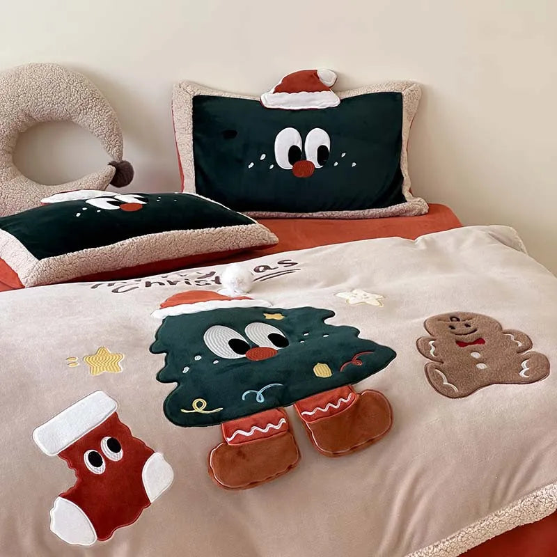 THL1158 3D Cartoon Christmas Tree & Cookie Appliques Velvet Bedding Set - Fluffy and Festive Comforter Cover Set