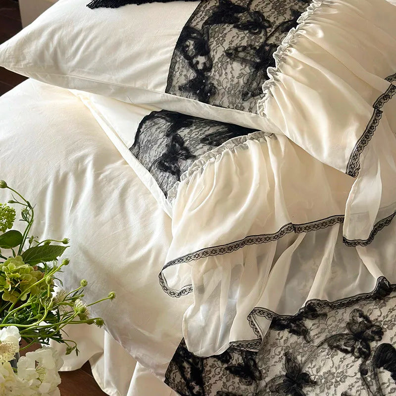 THL1148 Juego de cama elegante con volantes, 100 % algodón lavado, estilo francés, romántico, natural y suave