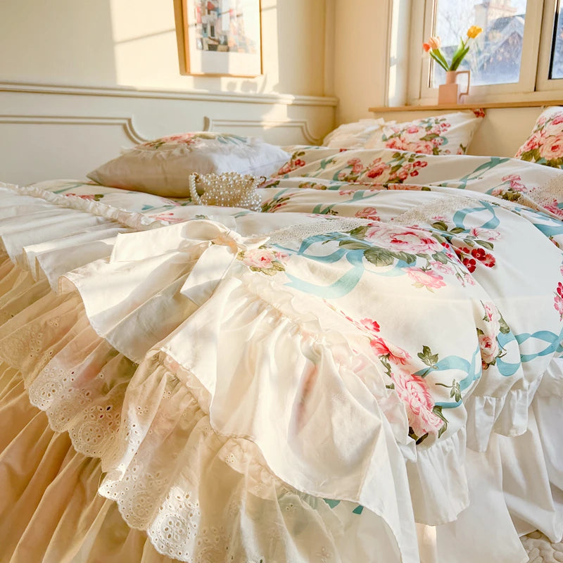 THL1065 100% Cotton Korean Style Princess Bedding Set Elegant Lace Ruffles and Floral Bedspread