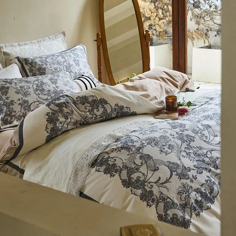 THL1172 100% soft cotton bedding set features a 600TC fabric construction with a chic and vibrant rose floral design.