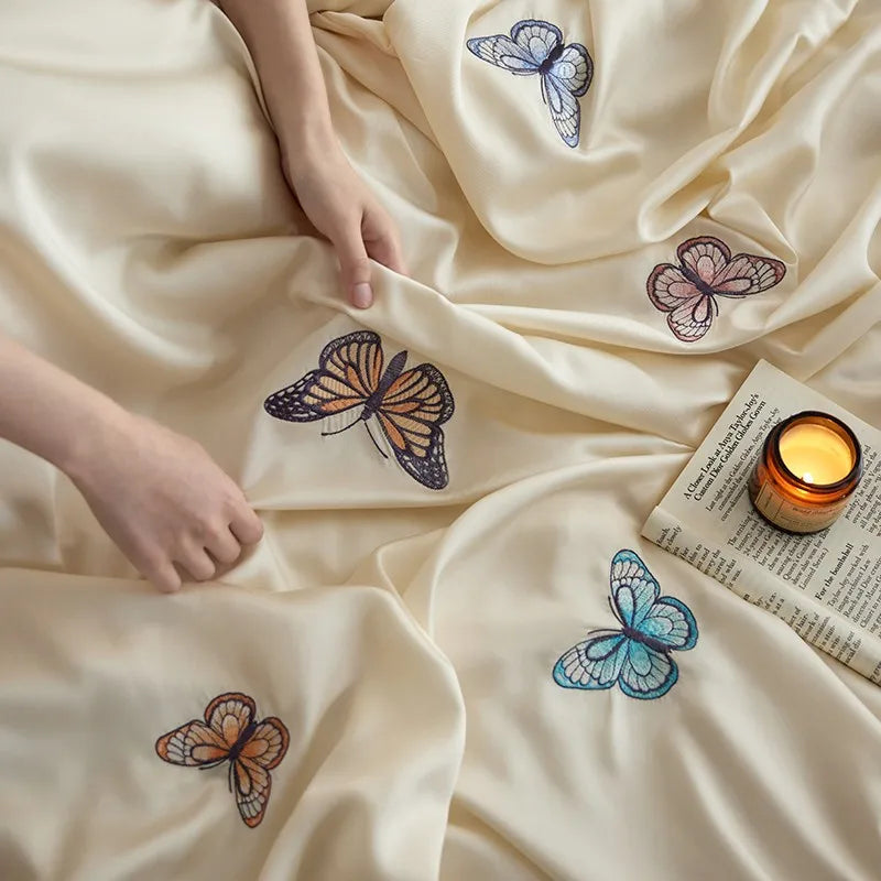 THL1149 Juego de cama suave y sedoso de lyocell con eucalipto y elegante funda nórdica con mariposas bordadas