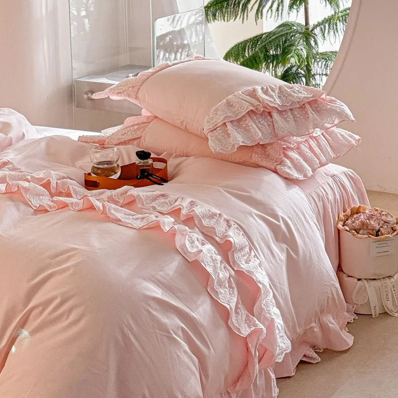 THL1141 100% Egyptian Cotton Ruffle Lace Duvet Cover Set Bohemian Bedding for a Luxurious Bedroom