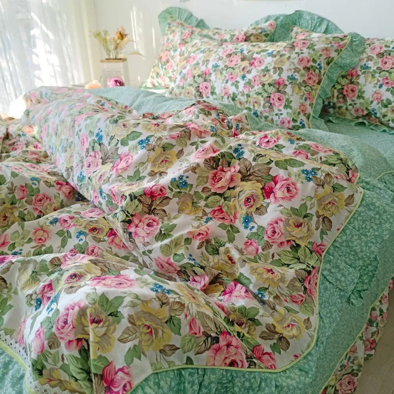 THL1116 Juego de cama de patchwork estilo campestre francés, elegante, suave y acogedor, 100 % algodón, con estampado floral primaveral